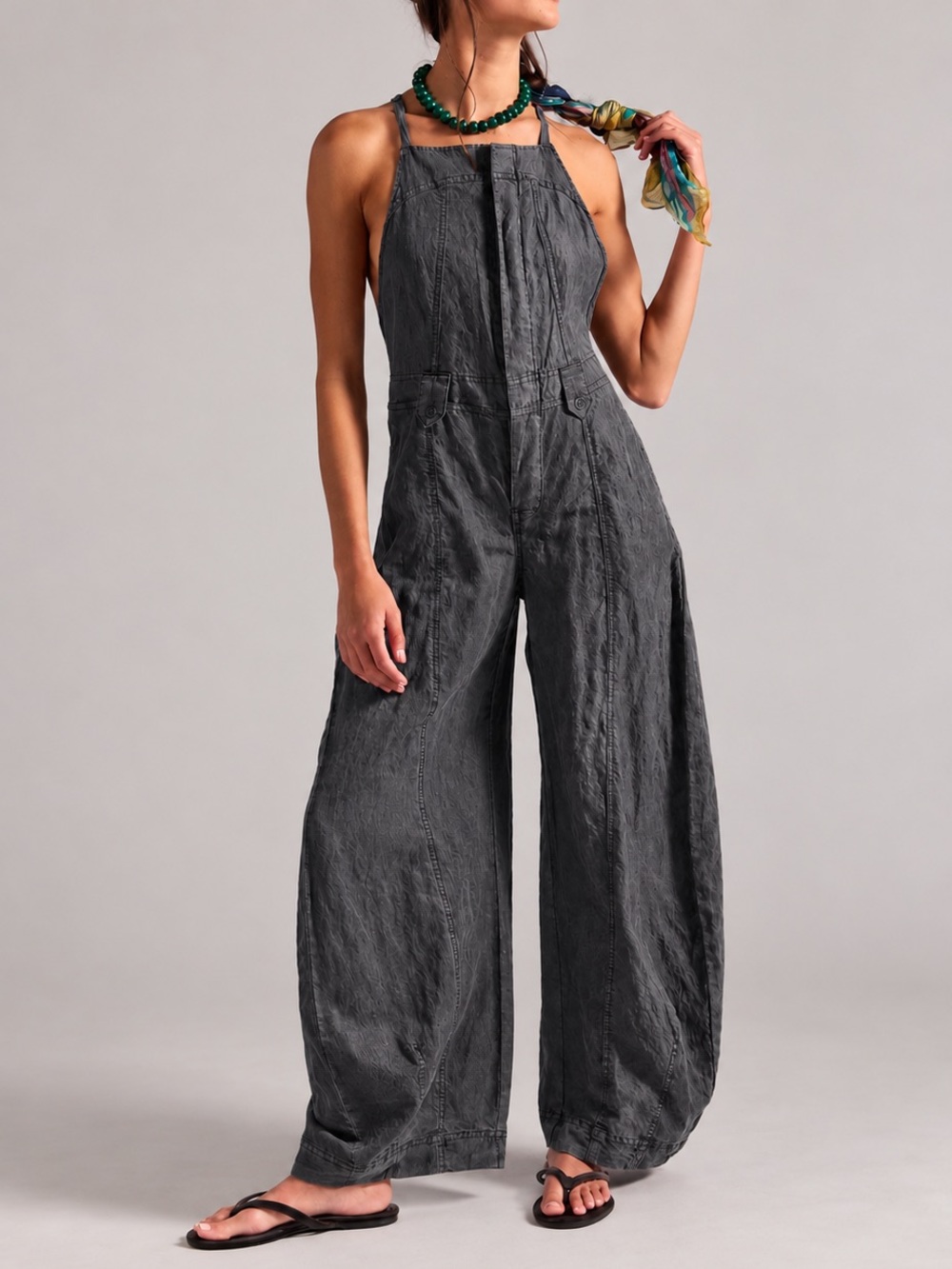 Free People Sylvia Barrel Leg One-Piece Charcoal T-Back Lyocell Nylon Jumpsuit S